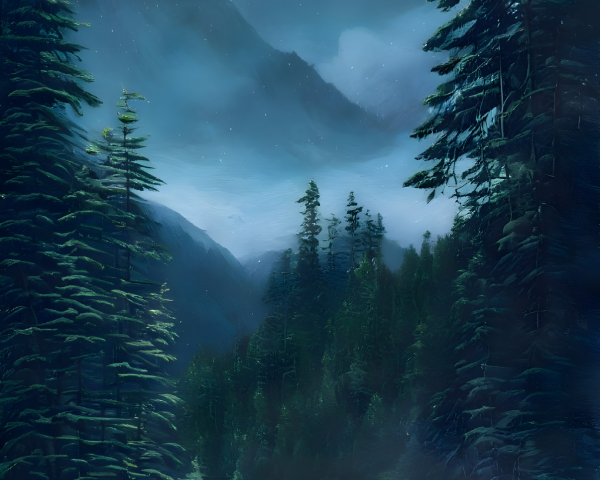 Full Moon Night Scene: Forest, River, Mountains