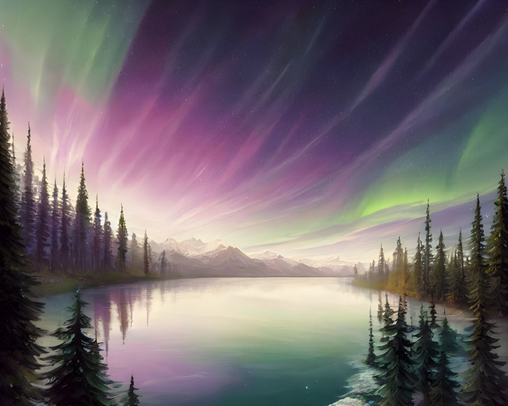 Scenic landscape with aurora borealis, lake, mountains & forest