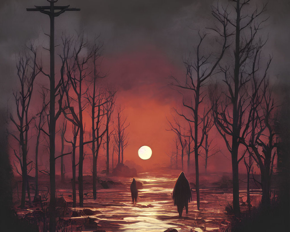 Silhouettes walking on path in eerie sunset landscape