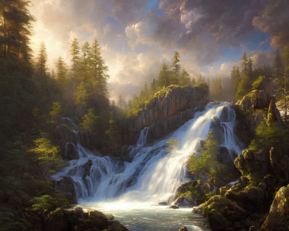 Tranquil waterfall in lush forest with golden sunlight and towering trees