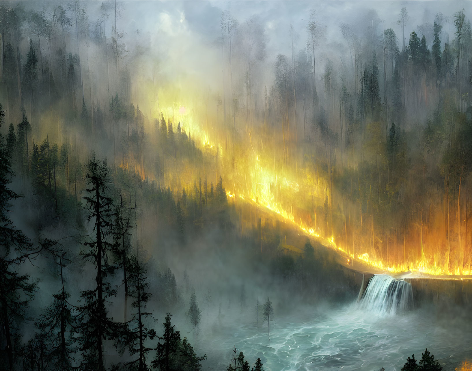 Dusk forest fire with blazing flames and waterfall