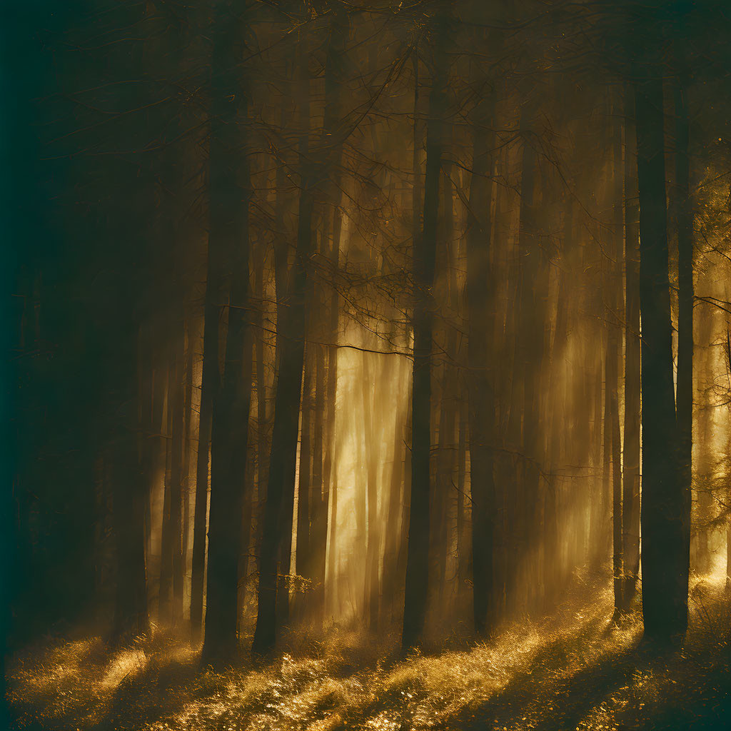 Misty forest with tall trees and sunlight filtering through branches