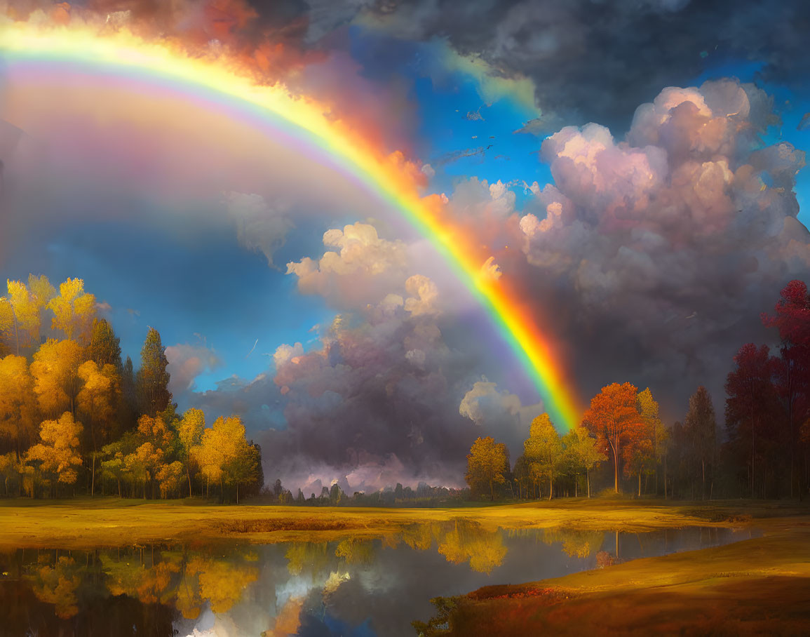 Colorful rainbow over autumn lake with reflection of trees