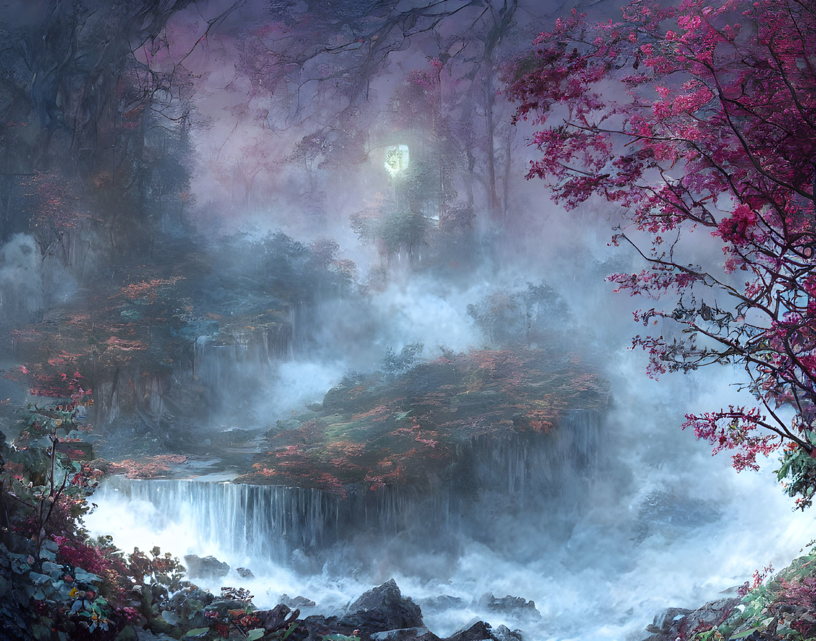 Mystical landscape with waterfall, mist, pink foliage, and glowing light