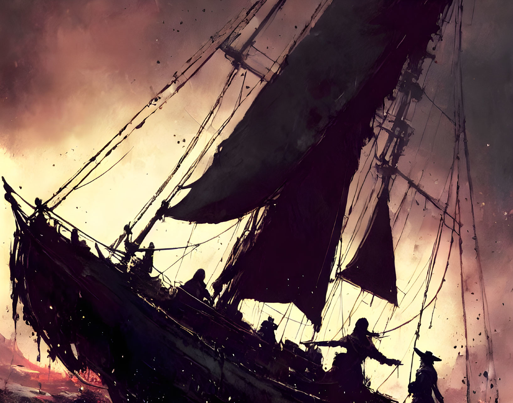 Illustration of pirate ship at sea with silhouetted figures and tattered sails in red-ton