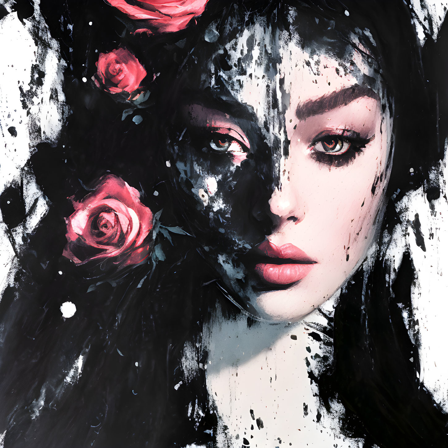 Woman's face with dark splattered effect and pink roses in hair.