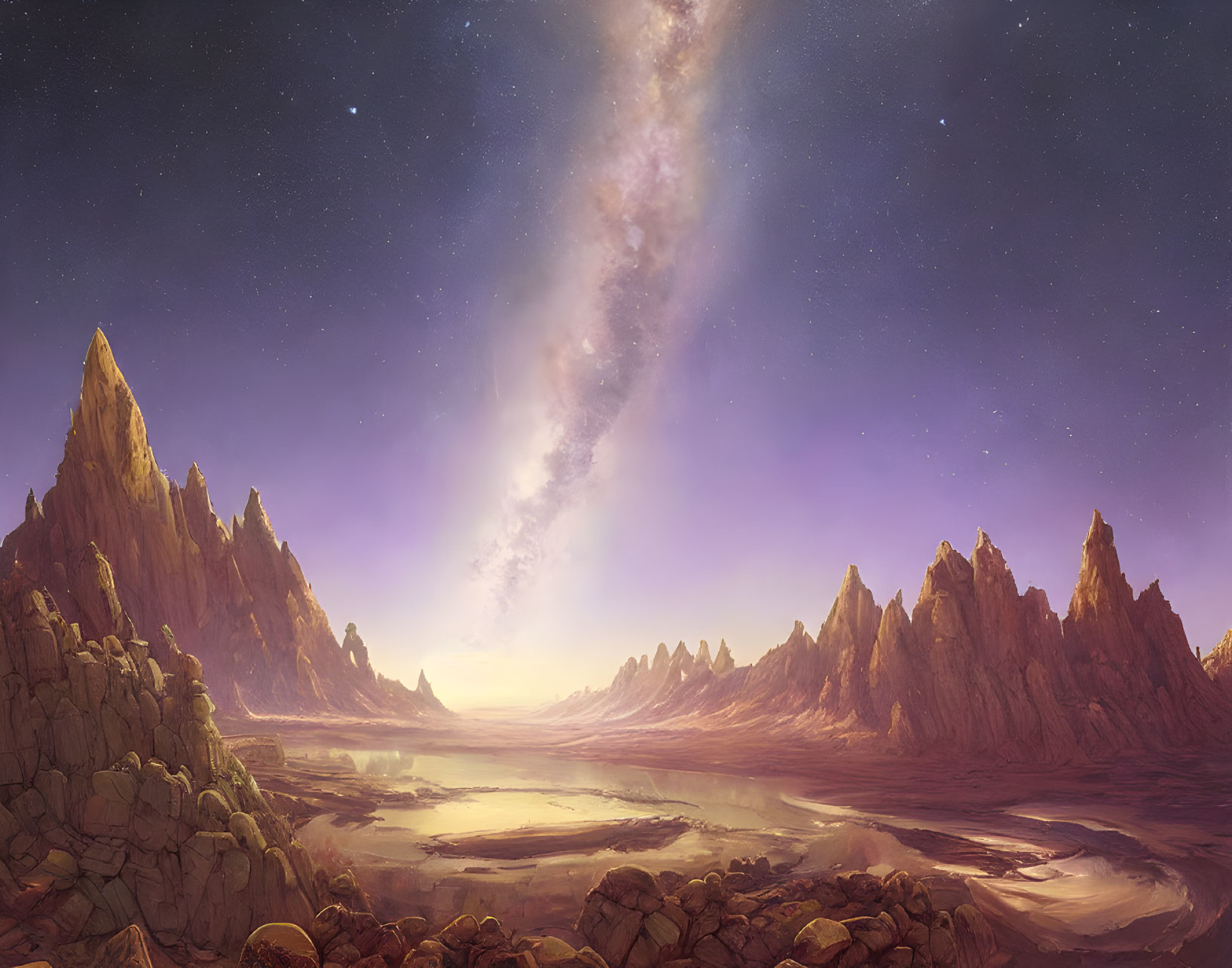 Majestic fantasy landscape: spiky mountains, serene river, celestial sky