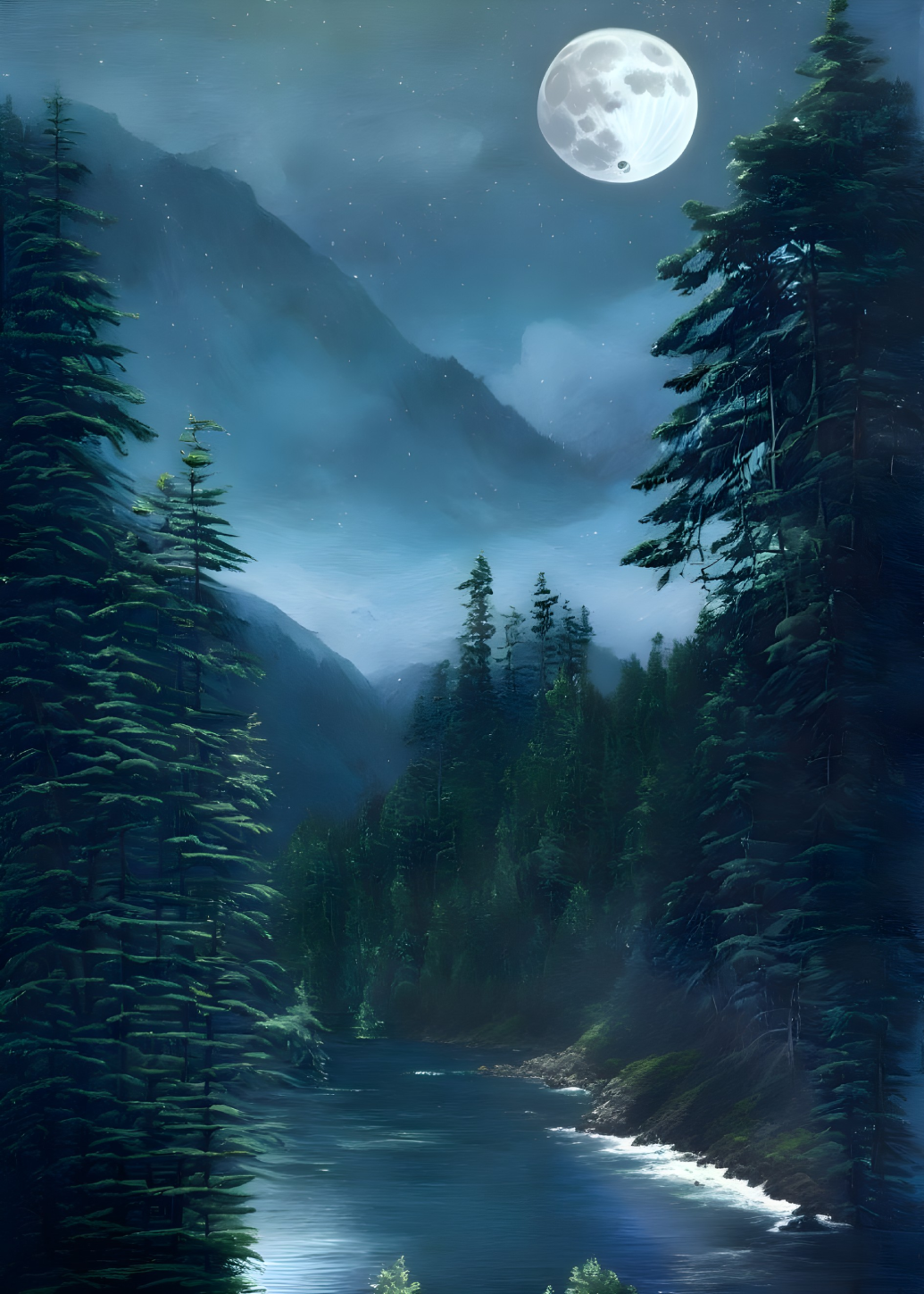 Full Moon Night Scene: Forest, River, Mountains