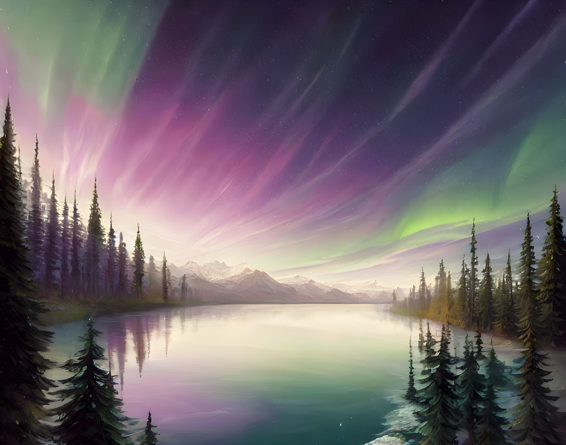 Scenic landscape with aurora borealis, lake, mountains & forest