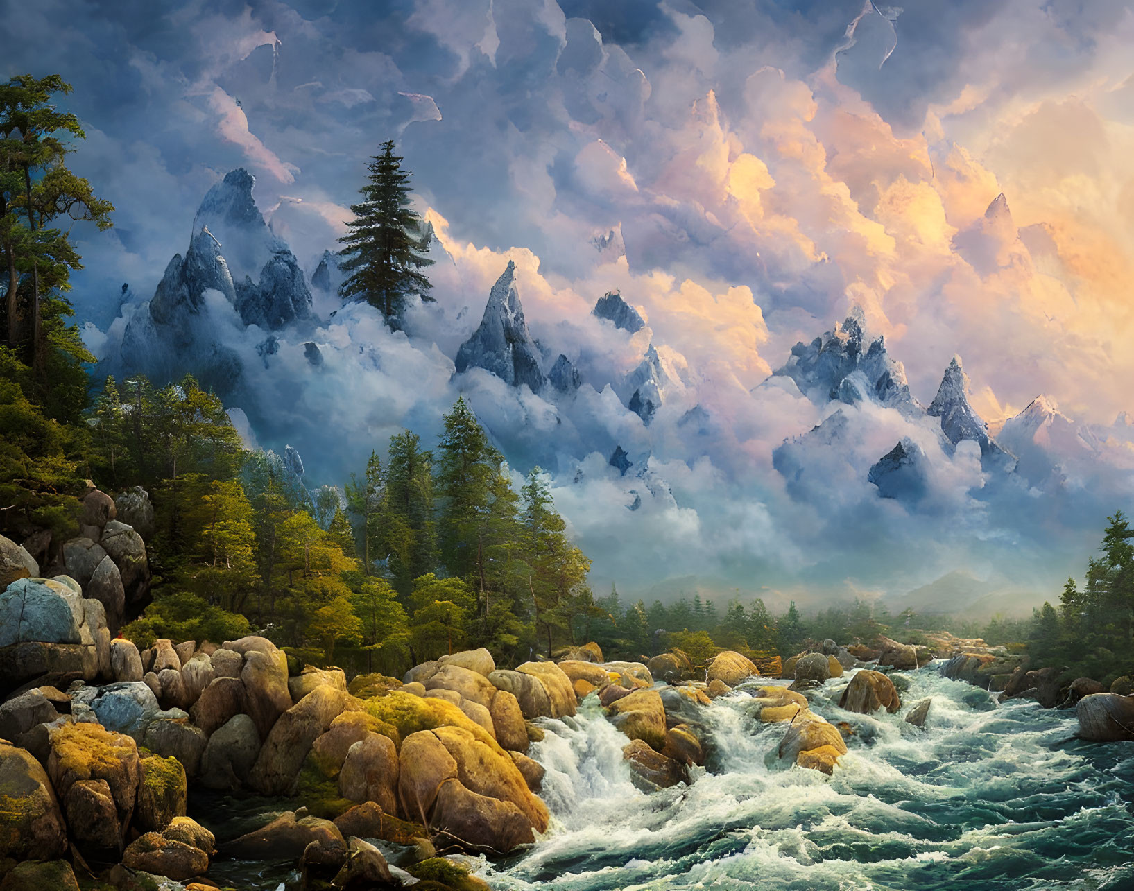 Majestic landscape painting: towering mountains, vibrant forest, turbulent river.