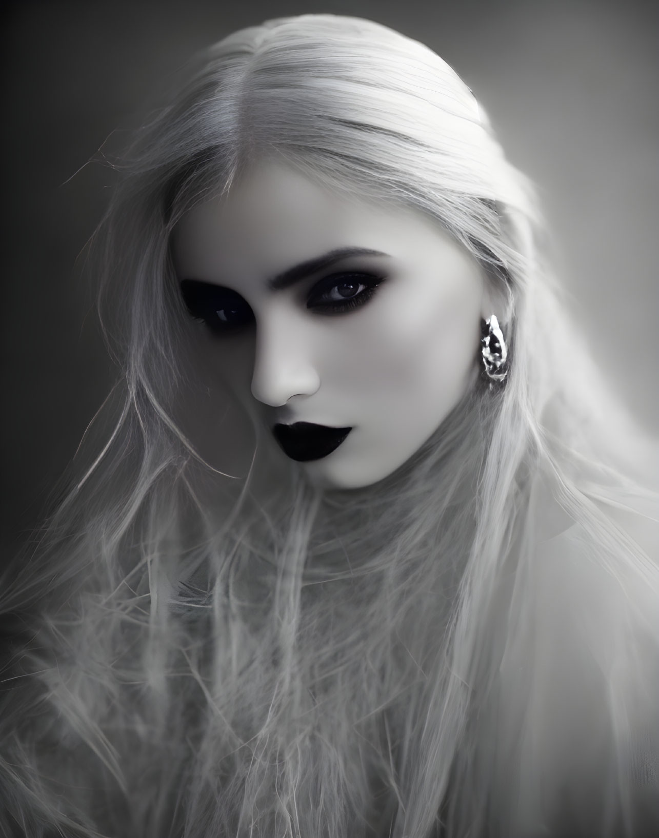 Monochrome portrait of woman with dark makeup, pale skin, white hair, and elegant earring