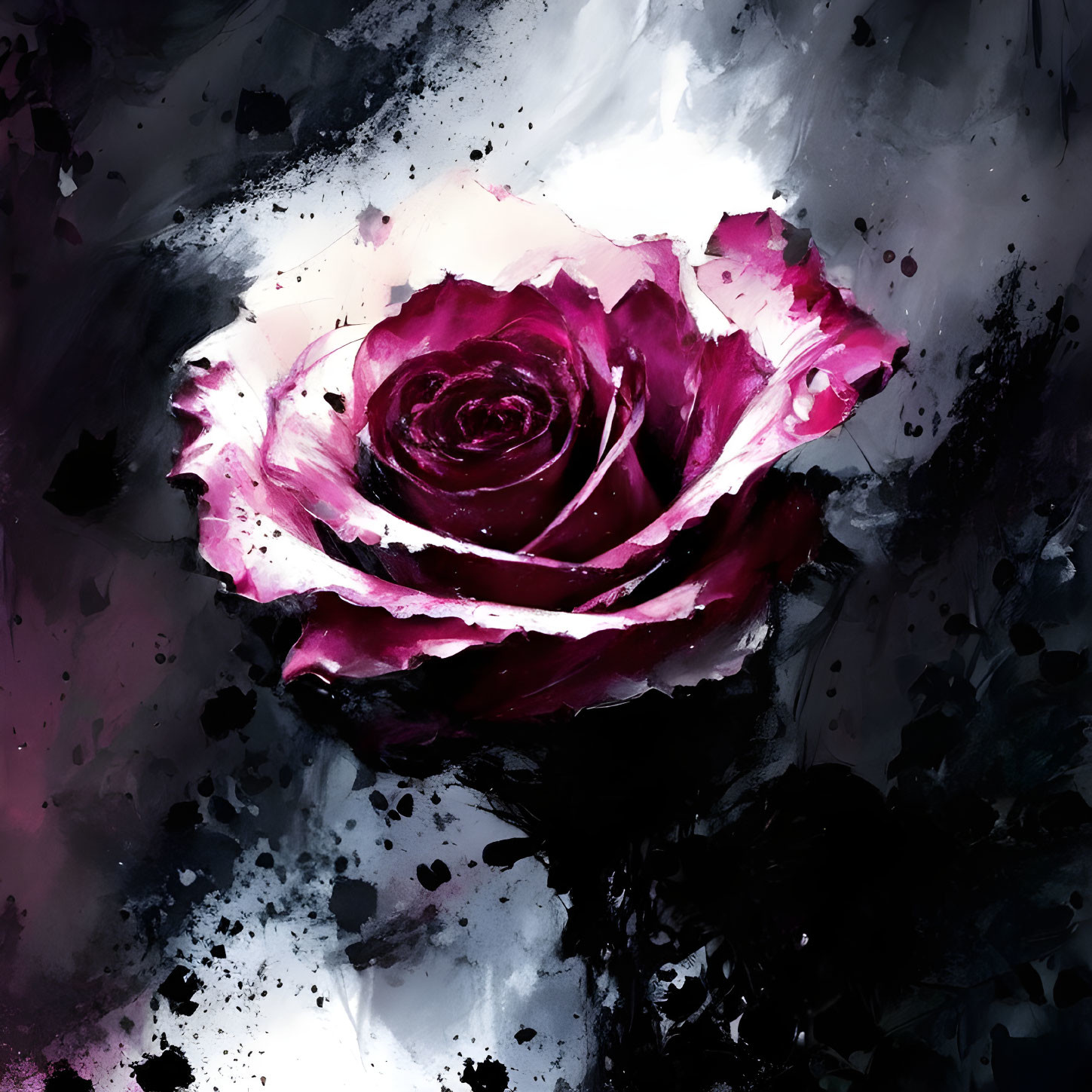 Vibrant pink and white rose with black and grey abstract background