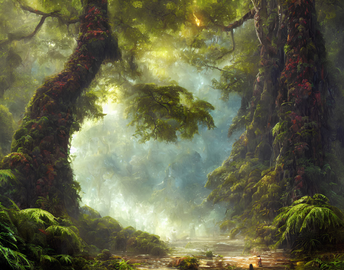 Mystical forest with red foliage, serene stream, and ethereal mist.