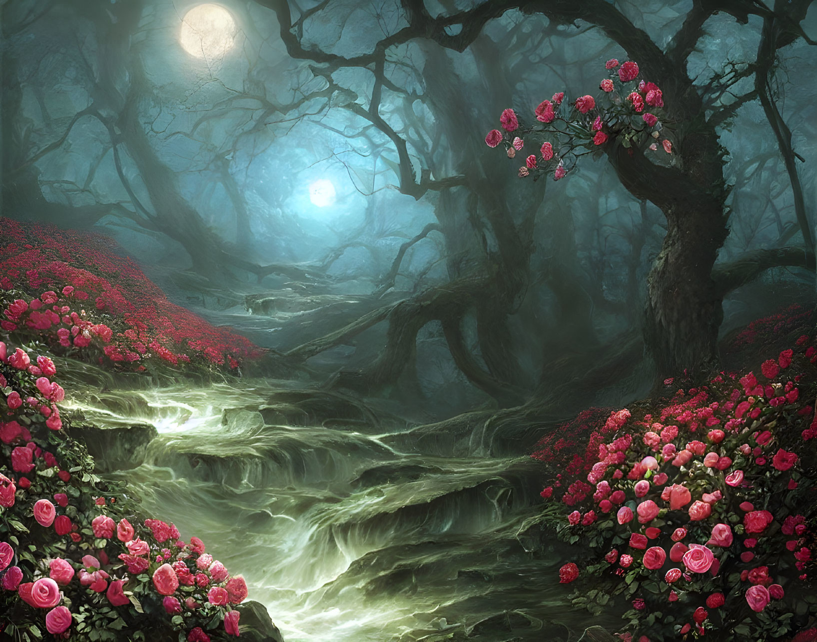 Mystical forest scene: glowing blue lights, twisting trees, pink rose carpet, misty moon