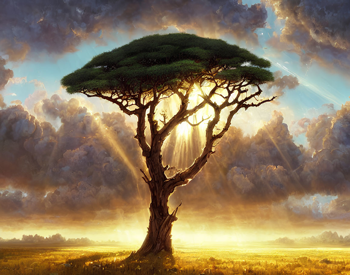 Majestic tree in sunlit field under dramatic cloudy sky