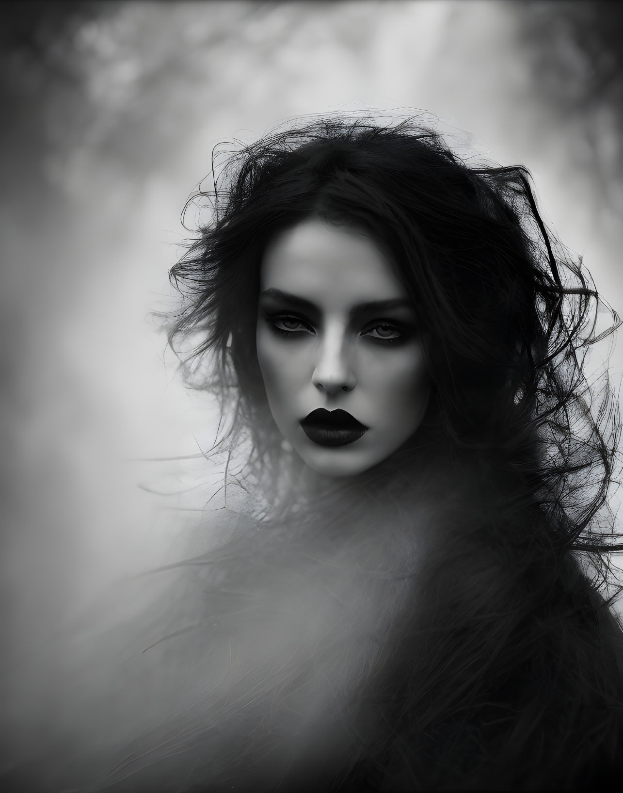 Monochrome portrait of woman with dark makeup and flowing hair