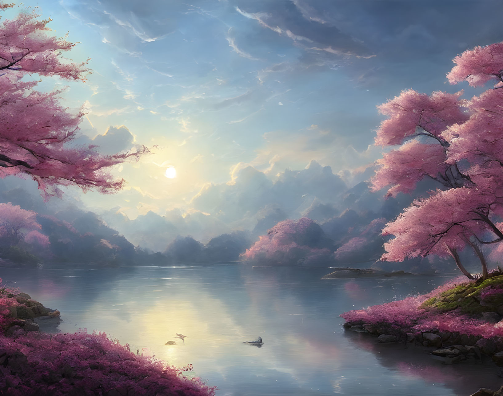 Tranquil landscape with pink cherry blossoms, serene river, swans, and sunset