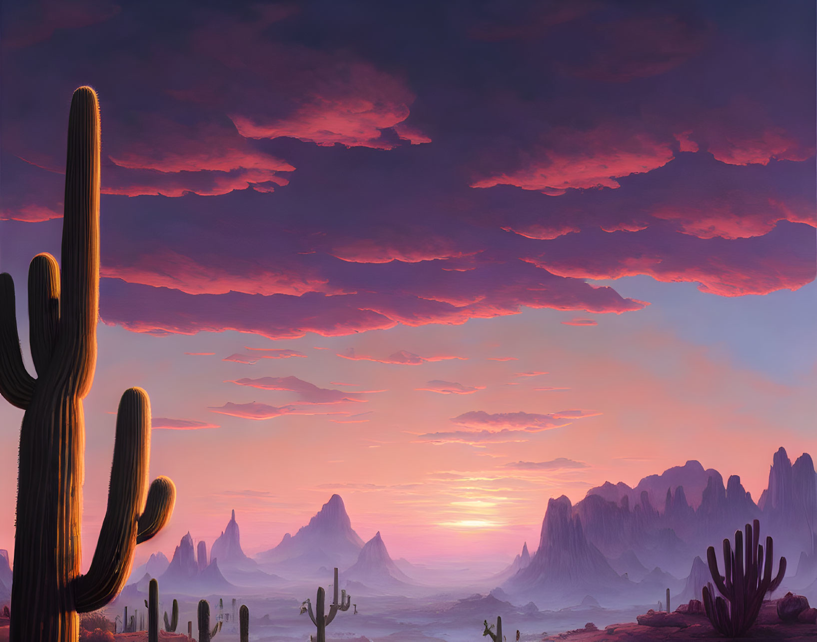 Desert landscape at sunset with cacti, rock formations, and colorful sky