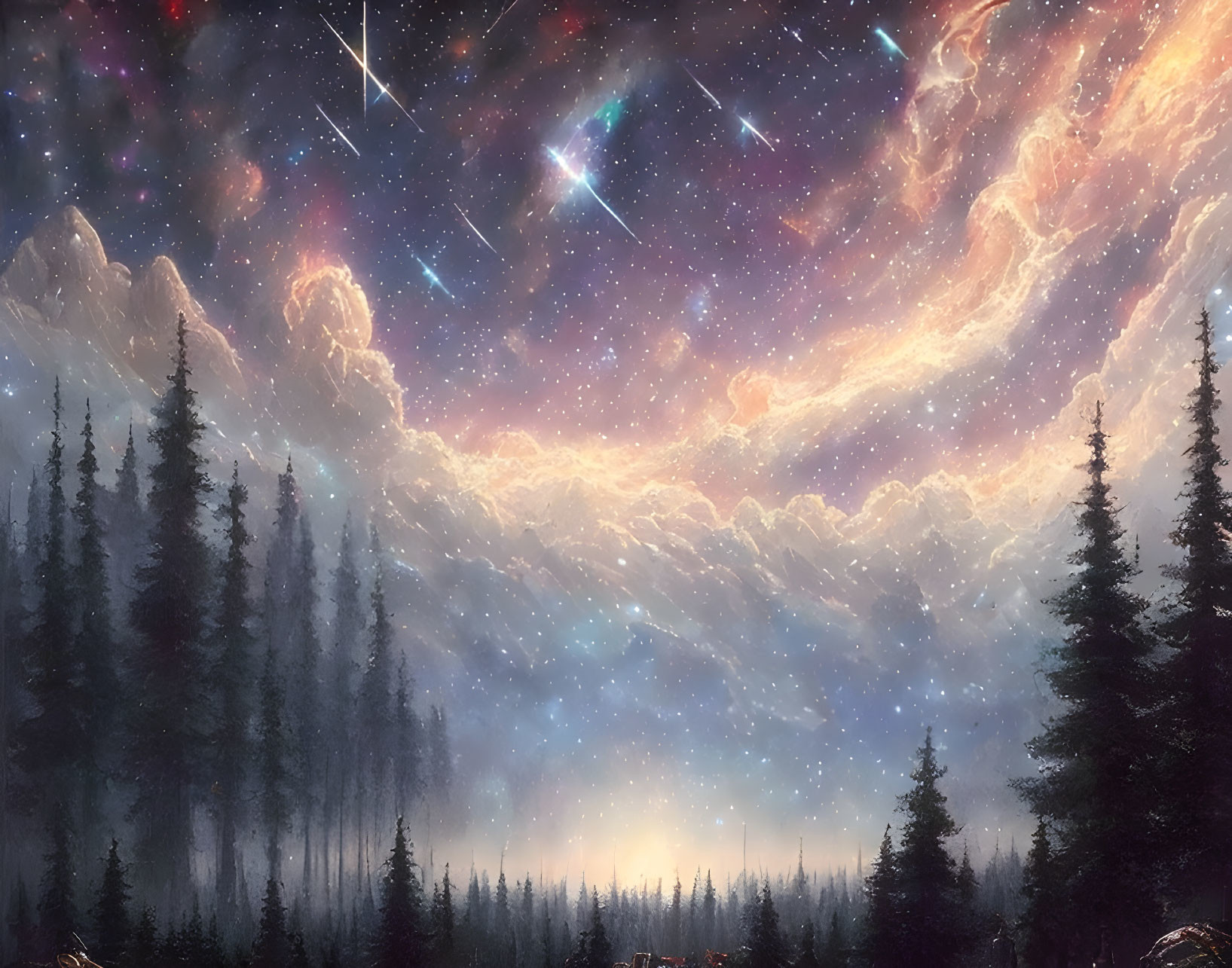 Night Sky Digital Artwork: Galaxy, Falling Stars, Forest Silhouette