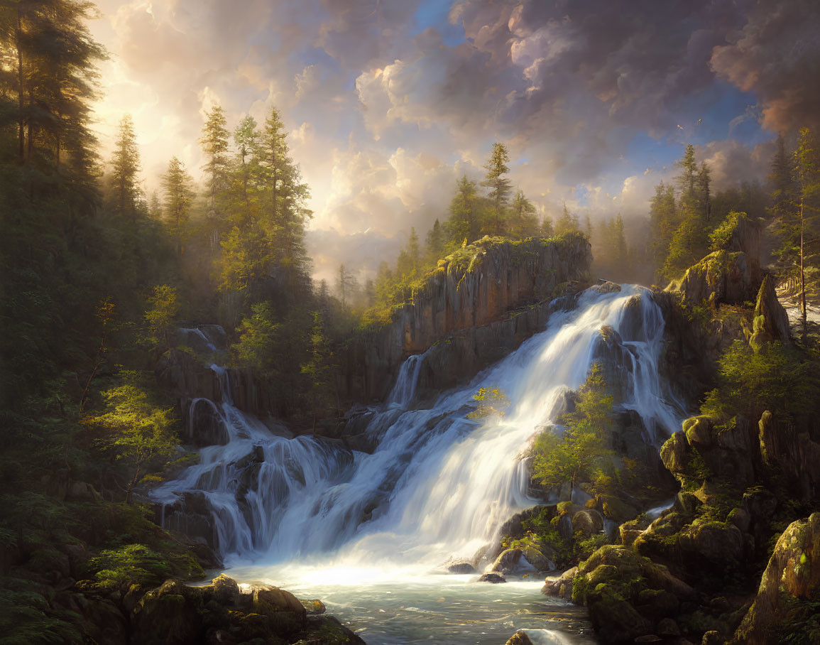 Tranquil waterfall in lush forest with golden sunlight and towering trees