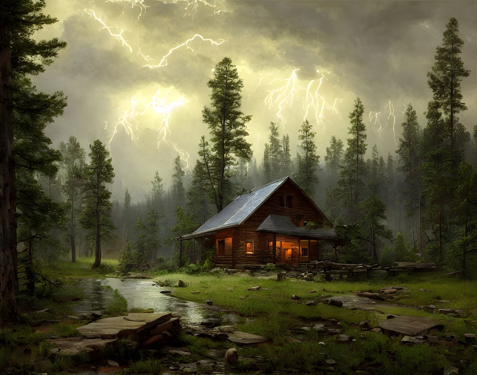 Cozy cabin in forest under stormy sky with lightning and stream nearby