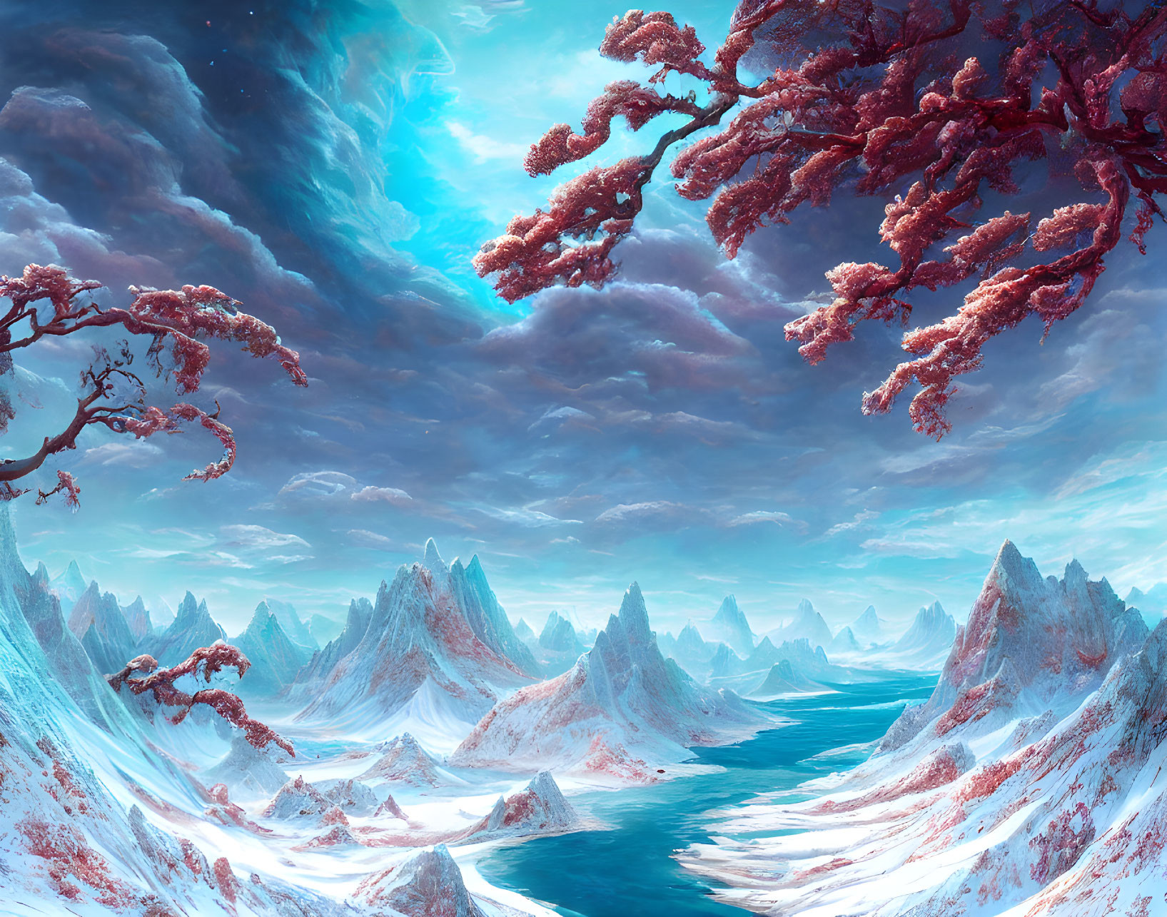 Snowy landscape with red foliage, mountains, and serene river under blue sky