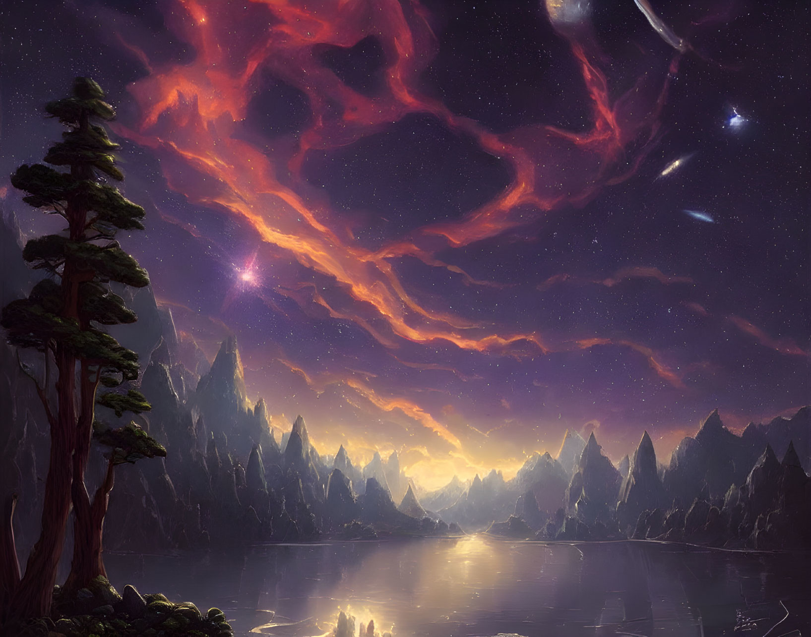 Fantastical landscape with luminous night sky, swirling nebulas, calm lake, pine trees