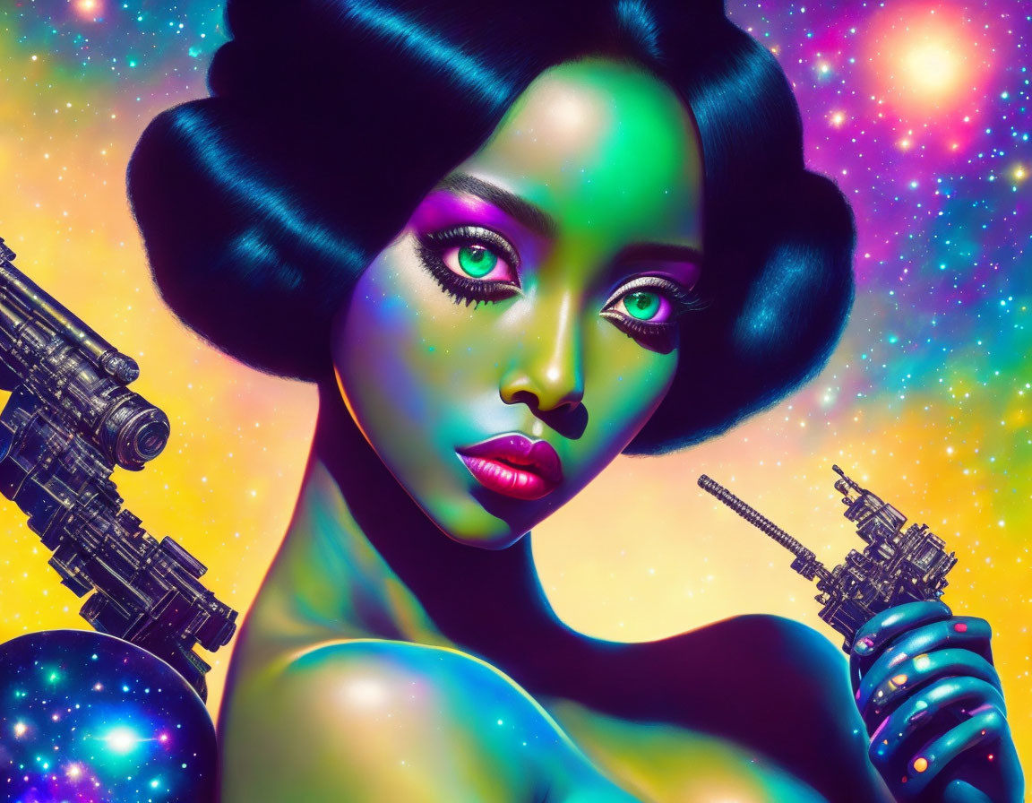 Colorful artwork: Woman with cosmic skin tones in starry setting with spaceships