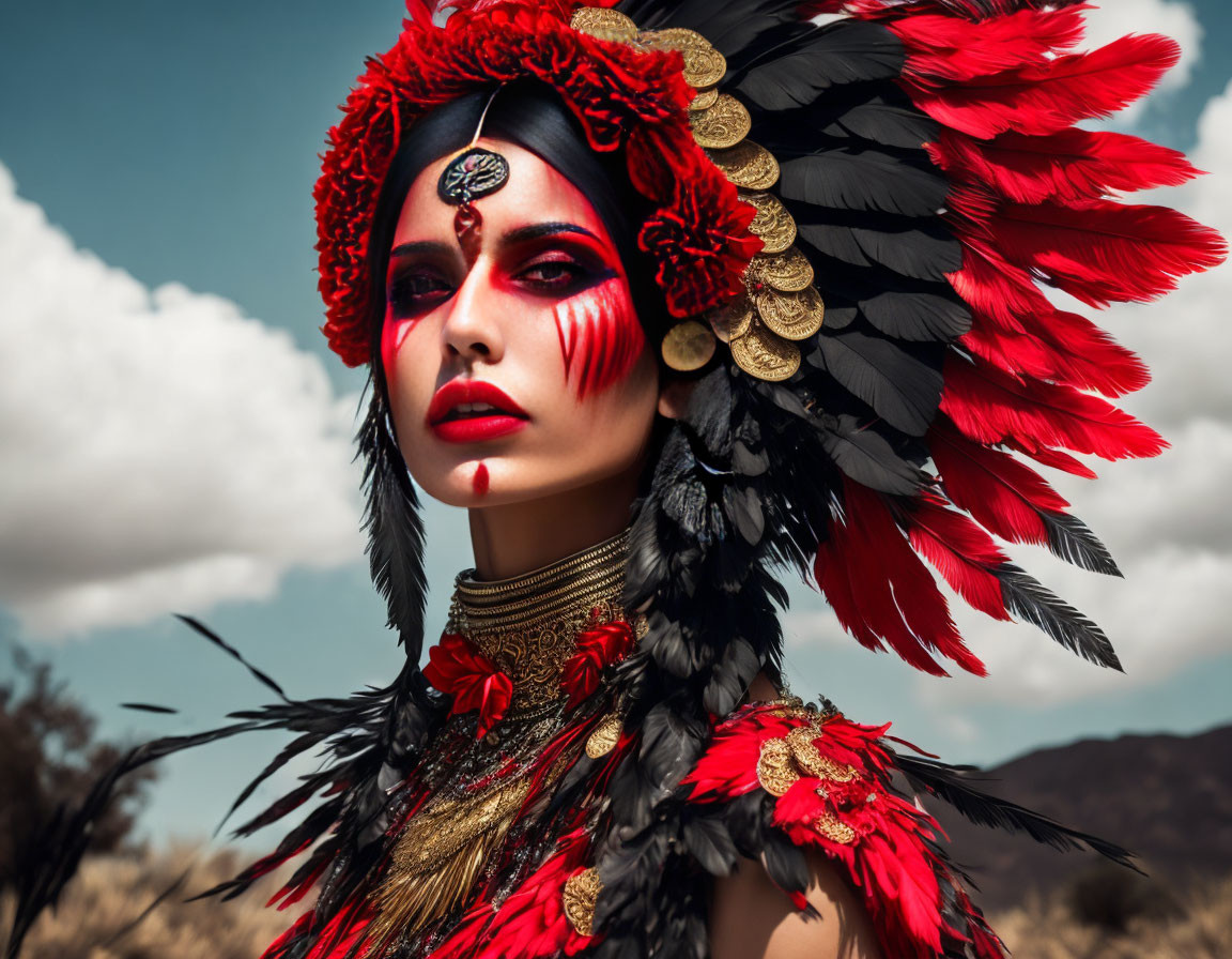 Woman with red and black makeup and feather headdress against cloudy sky