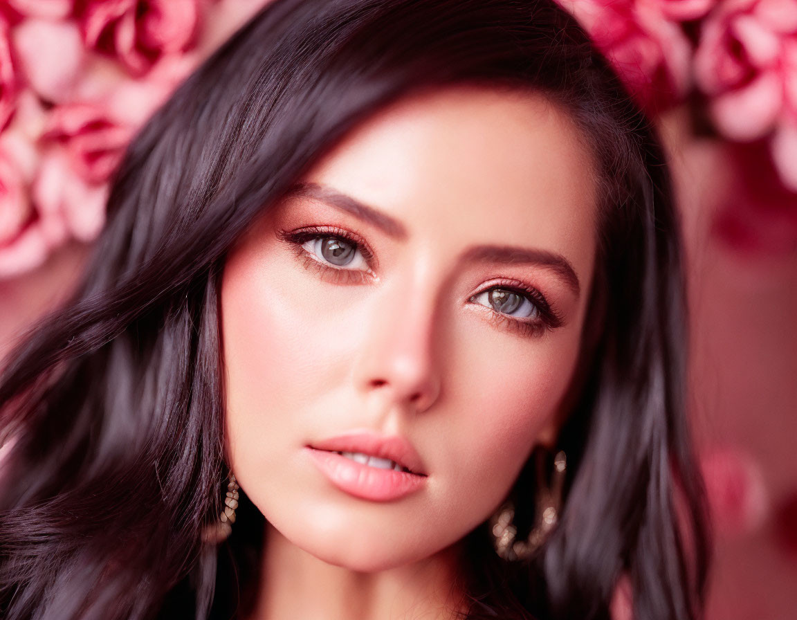 Dark-haired woman with bold makeup against floral backdrop