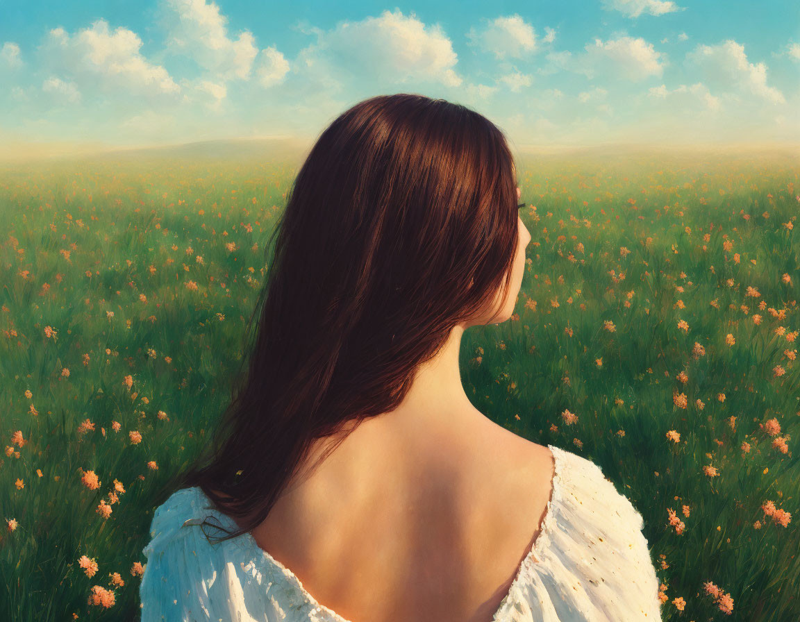 Woman admiring yellow flower field under blue sky