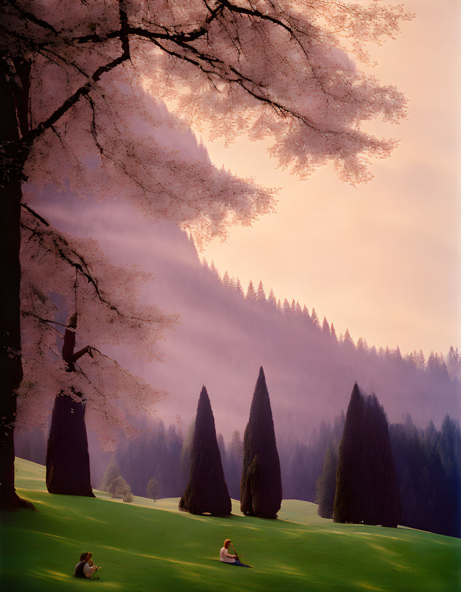 Tranquil landscape with cherry blossoms, towering trees, and people at sunset