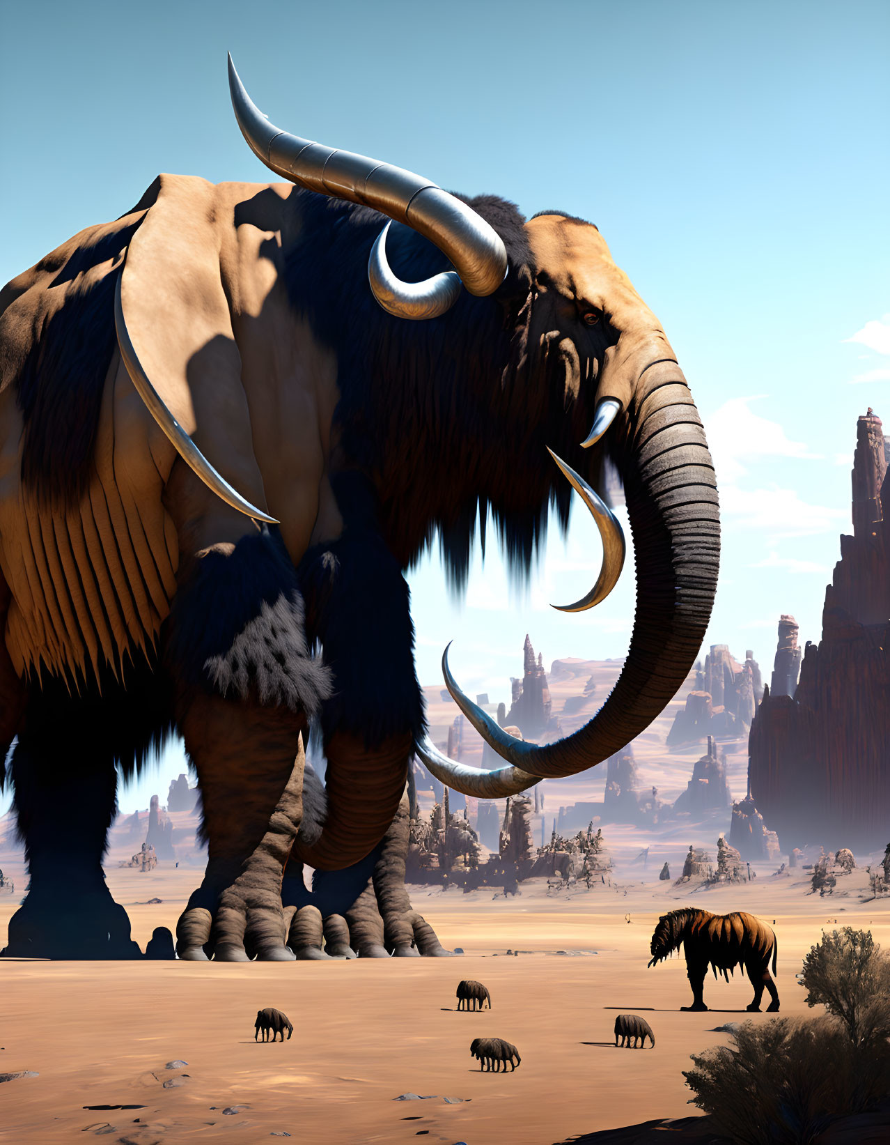 Giant furry mammoth with tusks in desert landscape