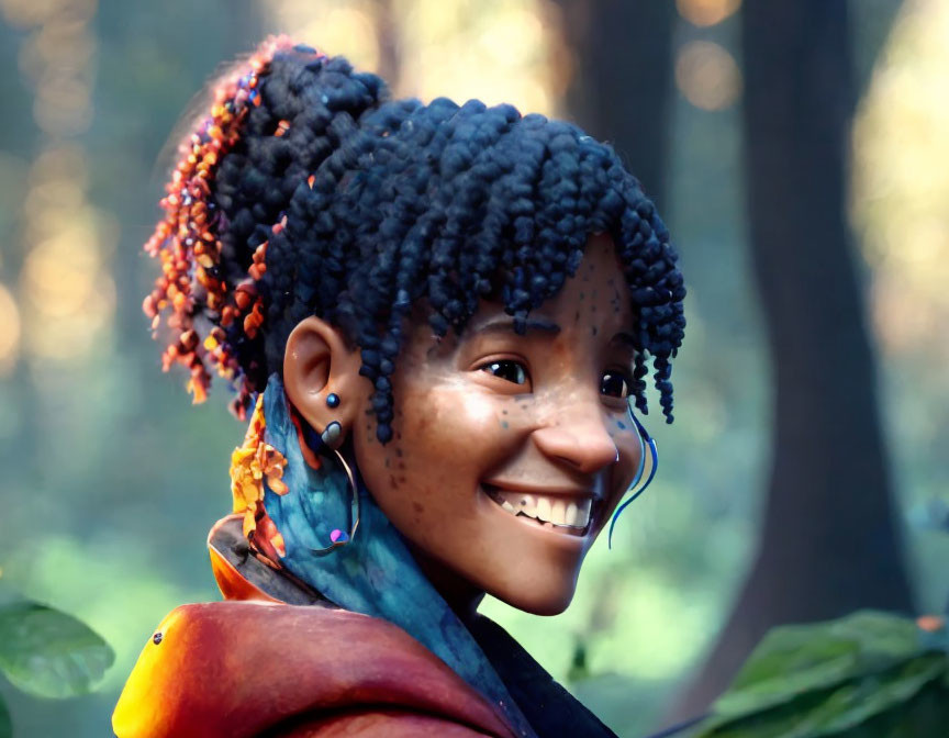 Dark Curly-Haired Woman with Bird in Forest Portrait