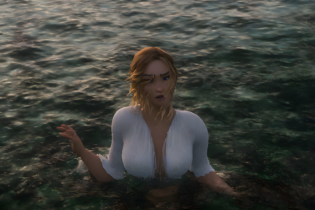 Blond woman in wet white shirt emerges from water