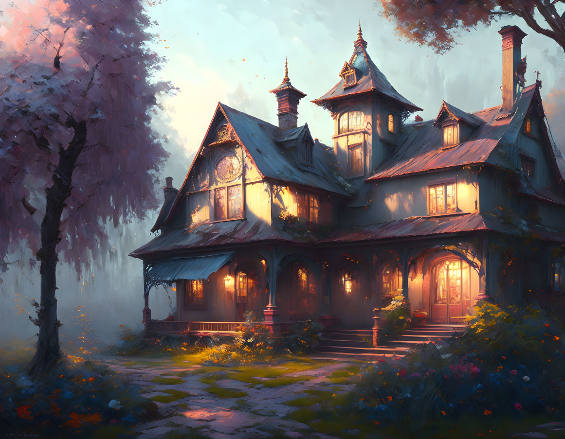 Victorian house in misty setting with warm lights and pink blooming tree