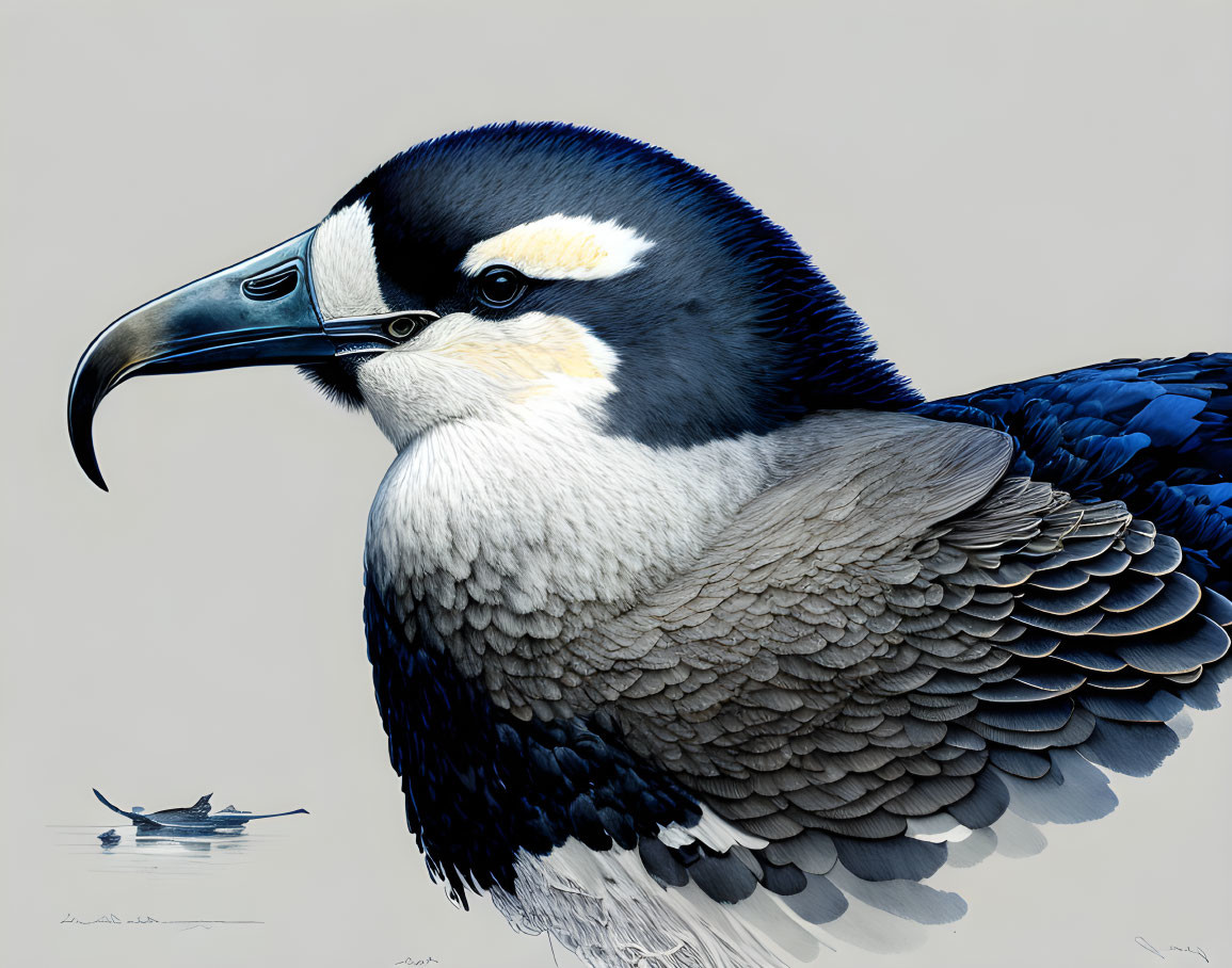 Bird illustration with large curved beak and intense eyes on navy plumage with boat reflection