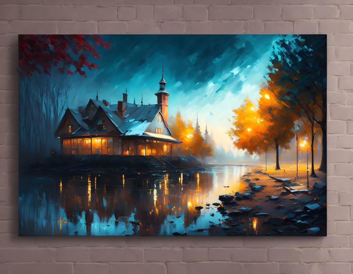 Scenic painting of cozy cabin by water at dusk