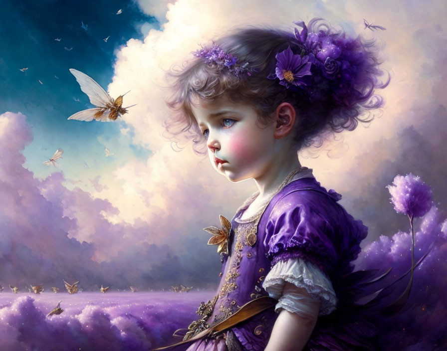 Young child in purple dress surrounded by dreamy landscape and flying insects