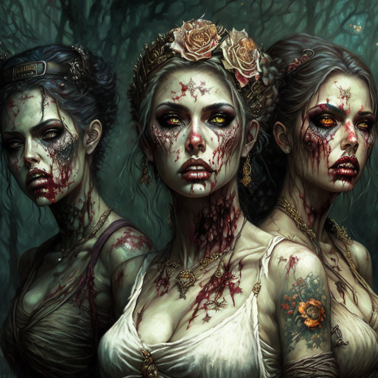 Three zombie women with detailed makeup and jewelry in a gothic setting