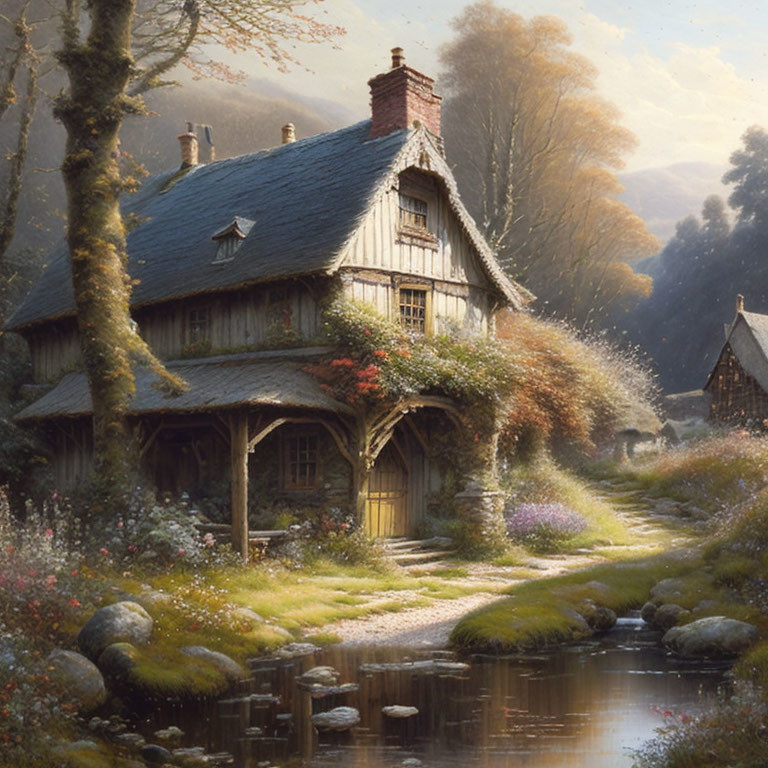 Thatched Roof Cottage Surrounded by Foliage and Stream