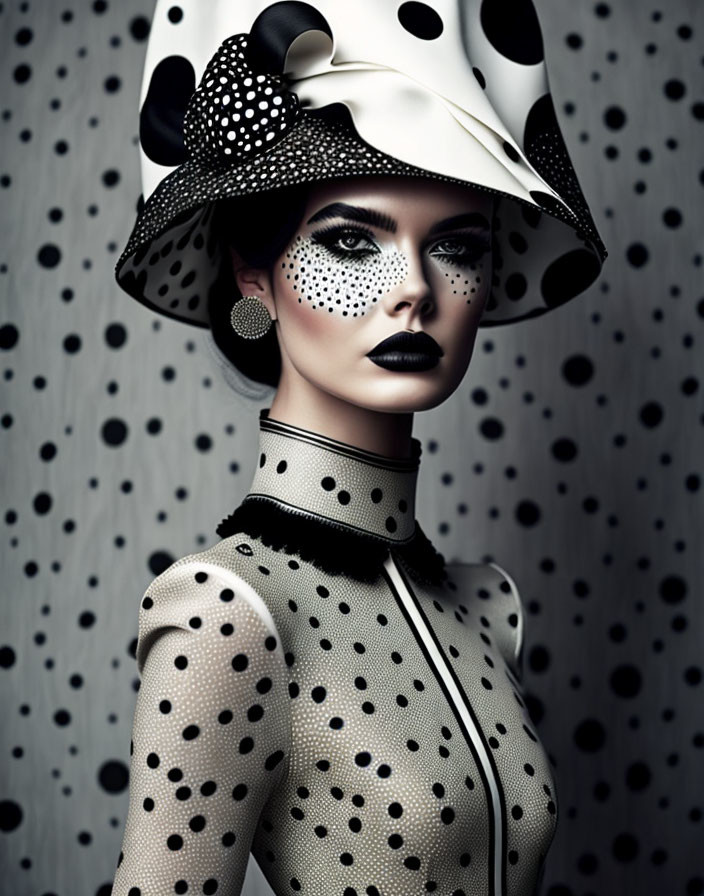 Polka Dot Makeup Woman Poses with Stylish Hat