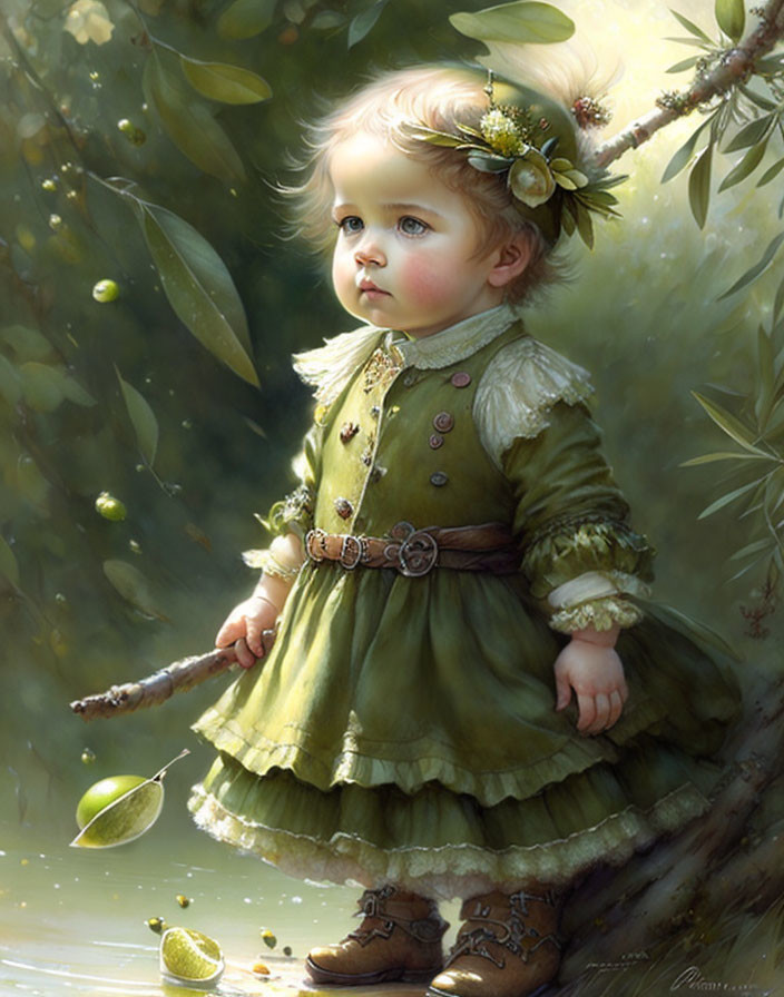 Young Child in Green Vintage Dress Surrounded by Nature