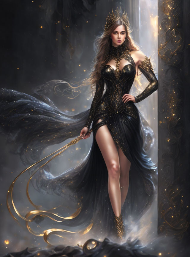 Majestic female figure in golden and black fantasy gown with crown and scepter