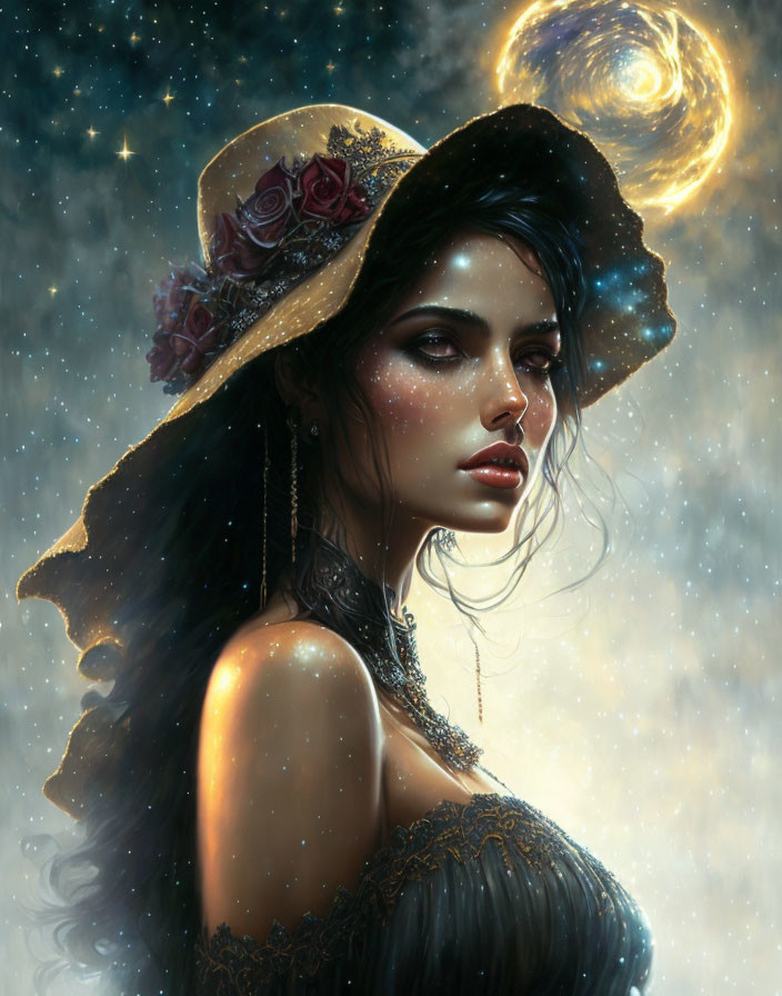 Digital artwork: Woman in hat with roses, starry night background