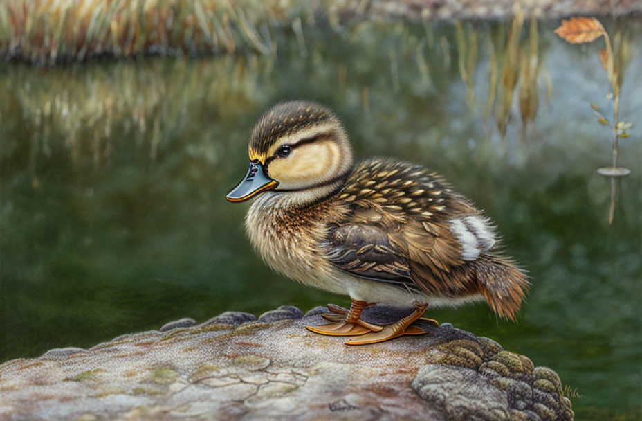 Fluffy duckling on rock by water's edge