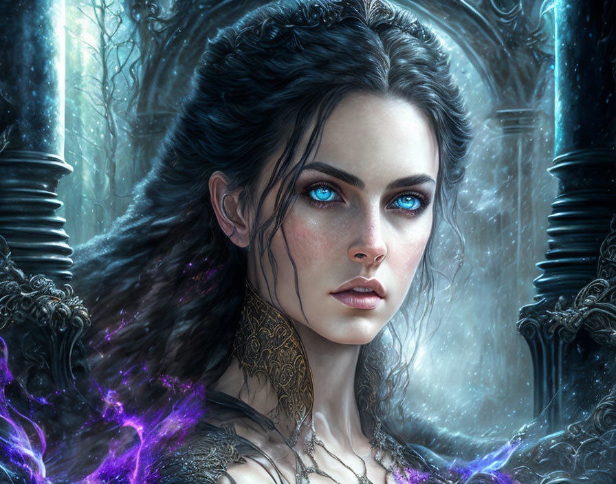 Detailed Fantasy Artwork: Woman with Blue Eyes, Dark Hair, Golden Tattoos in Mystic Forest