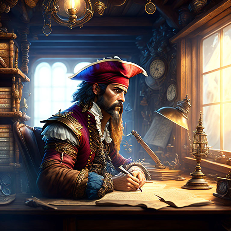 Detailed artwork of a pirate captain at desk with maps and tools, sunlight through window