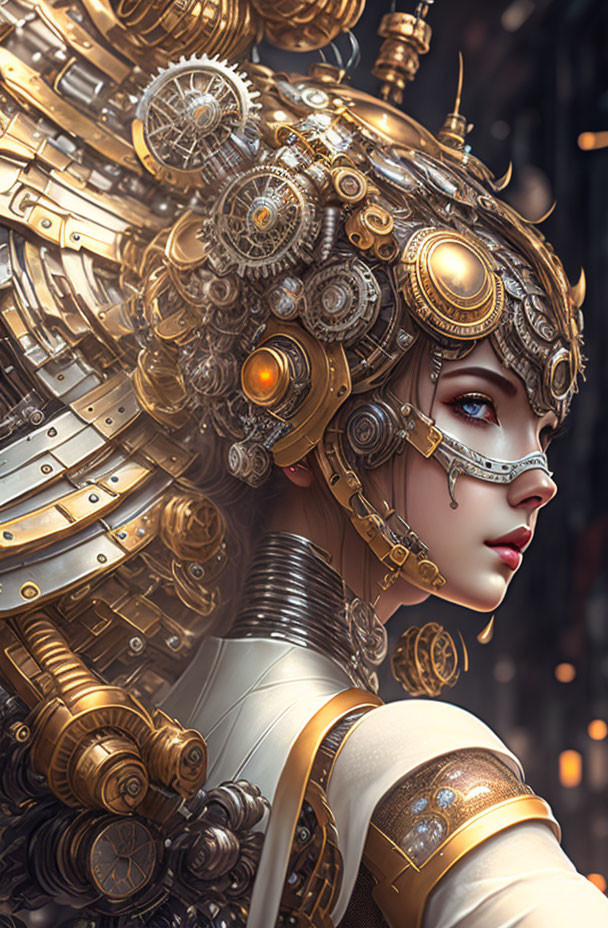 Steampunk-style digital artwork: Female figure with elaborate mechanical headgear and armor.