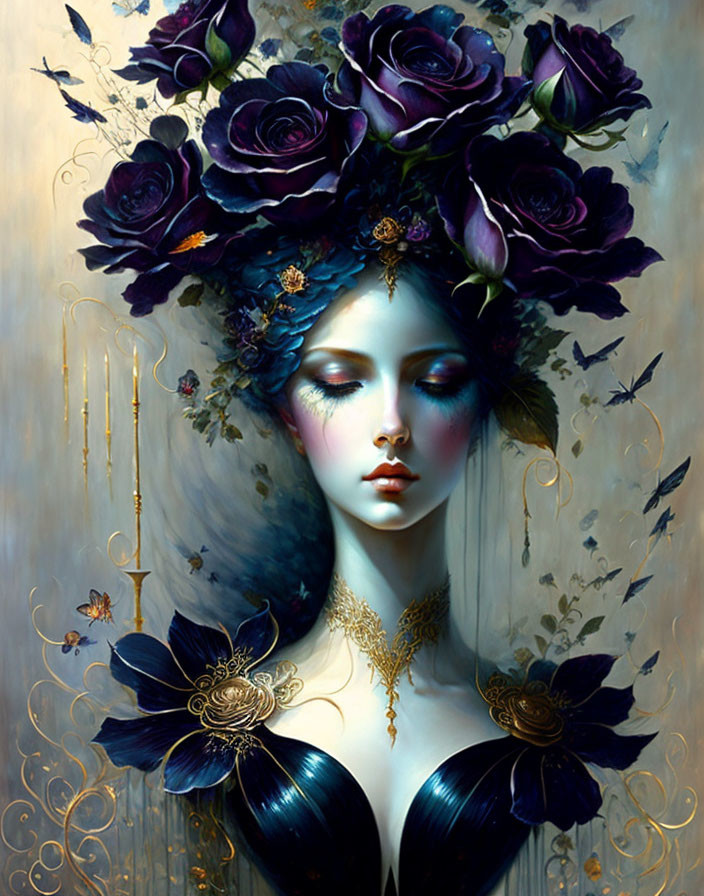 Surreal portrait: Woman with purplish-black roses, gold ornaments